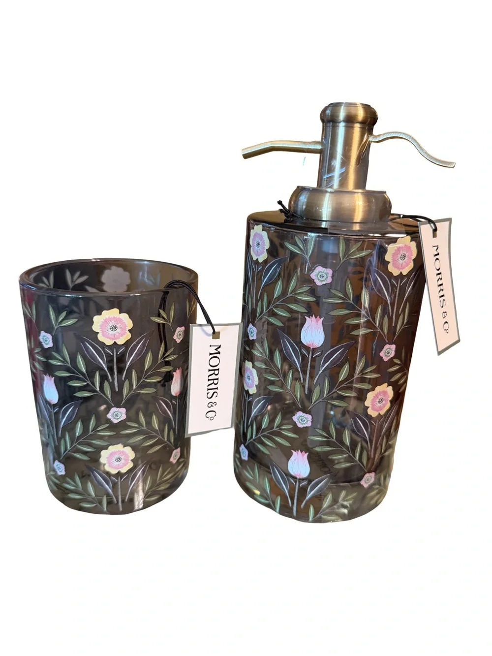 Morris & Co. NWT Woodland Weeds Floral Glass Soap Dispenser & Tumbler Set